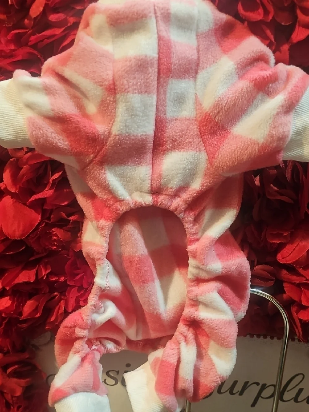 Pink and White NWOT Checkered Plush Dog Romper S/M
